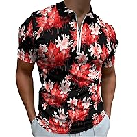 Canadian Flag Maple Watercolor Men's Zippered Polo Shirts Short Sleeve Golf T-Shirt Regular Fit Casual Tees