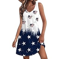 4th of July Womens Clothes 4th of July Dress Women 2024 American Print Vintage Fashion Casual with Sleeveless Round Neck Sundresses Navy X-Large