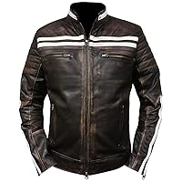 Cafe Racer Vintage White Stripped Distressed Brown Motorcycle Leather Jacket
