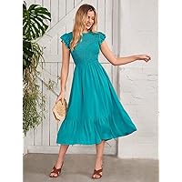 2023 Women's Dresses Solid Shirred Bodice Ruffle Hem Dress Women's Dresses (Color : Cadet Blue, Size : X-Large)