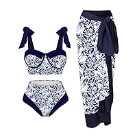 Black Bikini Set Womens Swimsuit with Shorts Bottom Floral Print 2 Piece Swimwear+1 Piece Cover UP Three Piece