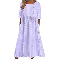 Women Babydoll Midi Dress Summer Embroidery Eyelet Casual Loose A-Line Dress Short Sleeve Crewneck Beach Shirt Dress