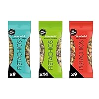 Wonderful Pistachios No Shells, 3 Flavors Mixed Variety Pack of 32 (0.75 Ounce), Roasted & Salted Nuts (14), Chili Roasted (9), Sea Salt & Vinegar (9), Protein Snack, On-the-Go Bulk Snacks