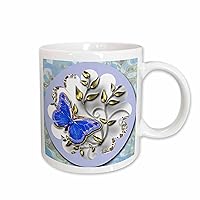 3dRose Pretty round blue frame, butterfly and golden accents - Mugs (mug_167071_2)
