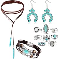 Adramata 12-Piece Turquoise Jewellery Set Turquoise Necklace, Turquoise Leather Strap, Vintage Ankle Rings, Boho Earrings, Indian Jewellery, Hippie Jewellery, Women, Turquoise