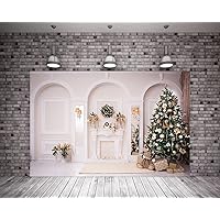5X3ft White Christmas Fireplace Background White Floor Christmas Tree Background for Family Party Photo Background New Year Party Decoration Backdrops