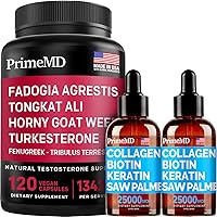 Liquid Collagen Biotin (2pk) and Fadogia Tongkat Ali (1pk) Supplement Bundle - Potent Vitamins for Hair, Skin, Nails, Heart, Energy, & Testosterone Support - Non-GMO, Vegan