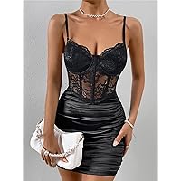 Dresses for Women - Contrast Lace Ruched Bustier Satin Cami Bodycon Dress (Color : Black, Size : Medium)