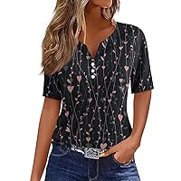 Womens Summer Tops T Shirt Tee Print Button Short Sleeve Daily Weekend Fashion Basic V- Neck Regular Top