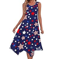Womens 4th of July American Flag Beach Dress Summer Sleeveless Crewneck Loose Casual Midi Sundress with Pocket