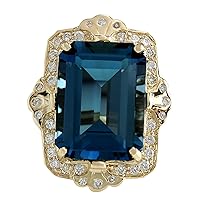 19.53 Carat Natural London Blue Topaz and Diamond (F-G Color, VS1-VS2 Clarity) 14K Yellow Gold Cocktail Ring for Women Exclusively Handcrafted in USA