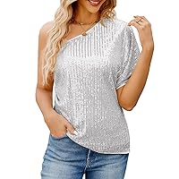 JASAMBAC Sparkle Sequin Tops for Women One Shoulder Sexy Shiny Bling Camisole for Glitter Party