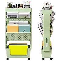 Mobile Bookshelf with Wheels, Green Rolling Cart Movable Bookcase with 5 Tier, Plastic Book Rack Files Storage Utility Organizer for Home Living Room Bedroom, Students Classroom School, Office
