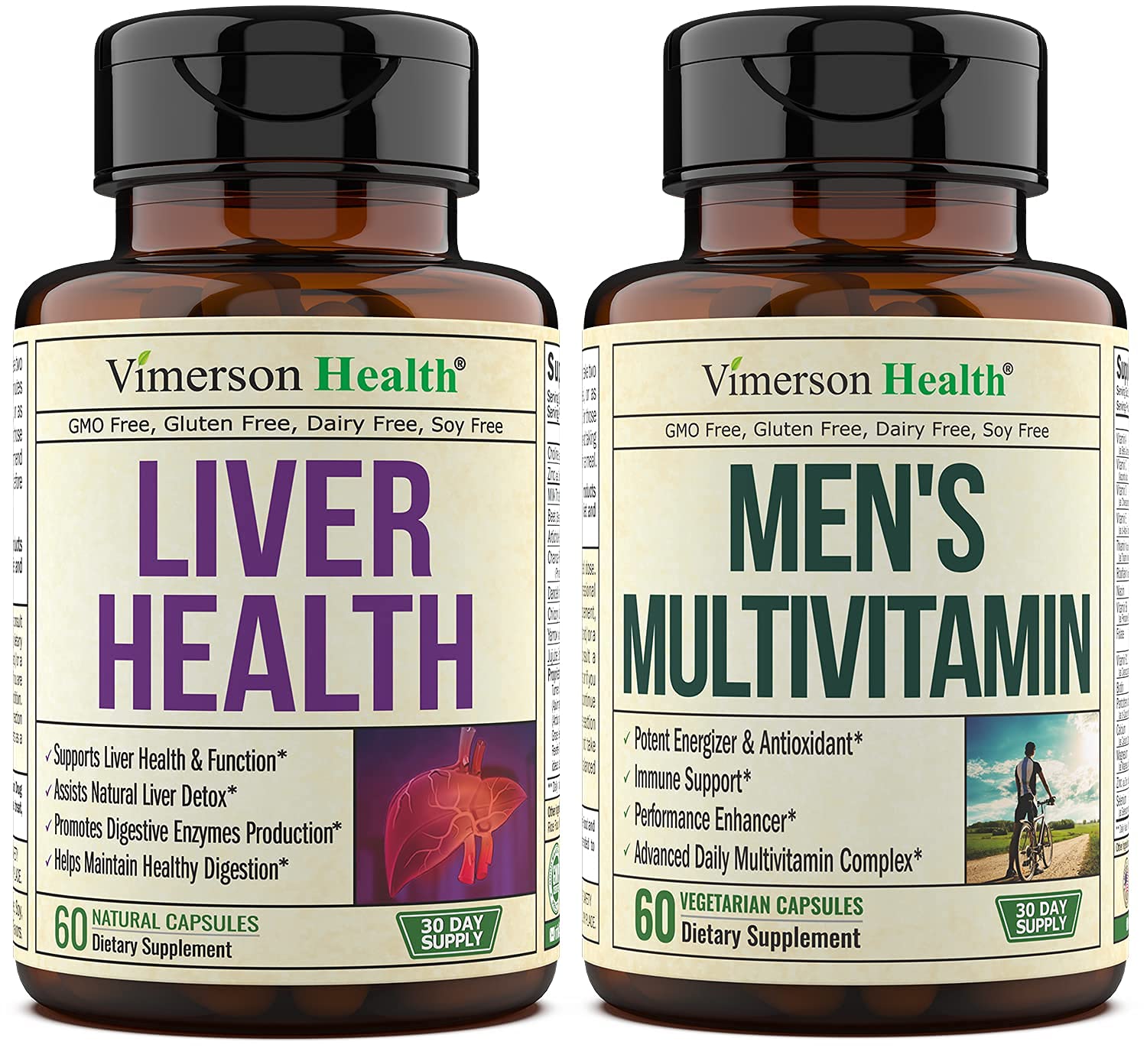 Vimerson Health Liver Health + Men's Multivitamin Bundle. Liver Cleanse & Detox - Artichoke, Milk Thistle, Ginger, Celery. Vitamins for Men - Immune Support, Energy & Antioxidant Supplement