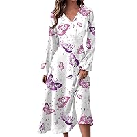 Women's 2024 Fall Midi Dress Casual Long Sleeve V Neck Floral Printed A Line High Waist Dress for Women