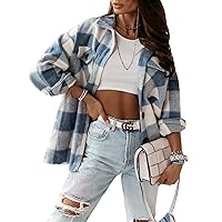 Flygo Women's Brushed Flannel Shirt Loose Lapel Plaid Button Down Shacket Jacket