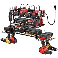 CCCEI Garage Tools Storage with Charging Station. Power Tool Battery Organizer Utility Shelf with Power Strip. 4 Drills Holder Wall Mount Rack, Black 3 Layer.