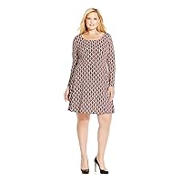 Michael Kors Womens Black Zippered Unlined Printed Long Sleeve Scoop Neck Above The Knee A-Line Dress Plus 0X