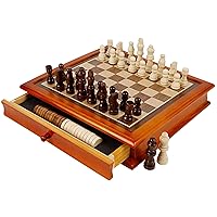 Juegoal 12-Inch Wooden Chess & Checkers Set with Storage Drawer, Portable Board Games for Kids and Adults
