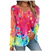 Tops for Women Long Sleeve V Neck Retro Printed Loose Fit Tunic T Shirts 2024 Summer Fashion Cute Tee Blouse