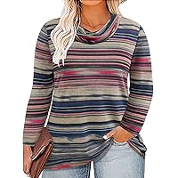 RITERA Plus Size Tops for Women Long Sleeve Dressy Turtle Neck Tunics Shirt Casual Cowl Neck Loose Stripe Blouses Fall Winter Pullover Blue 4XL 26W