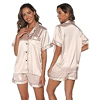 GAESHOW Satin Pajamas for Women, Short Sleeve Silk Pajama Set with Shorts Two Piece Pj Sets Button-Down Sleepwear Loungewear