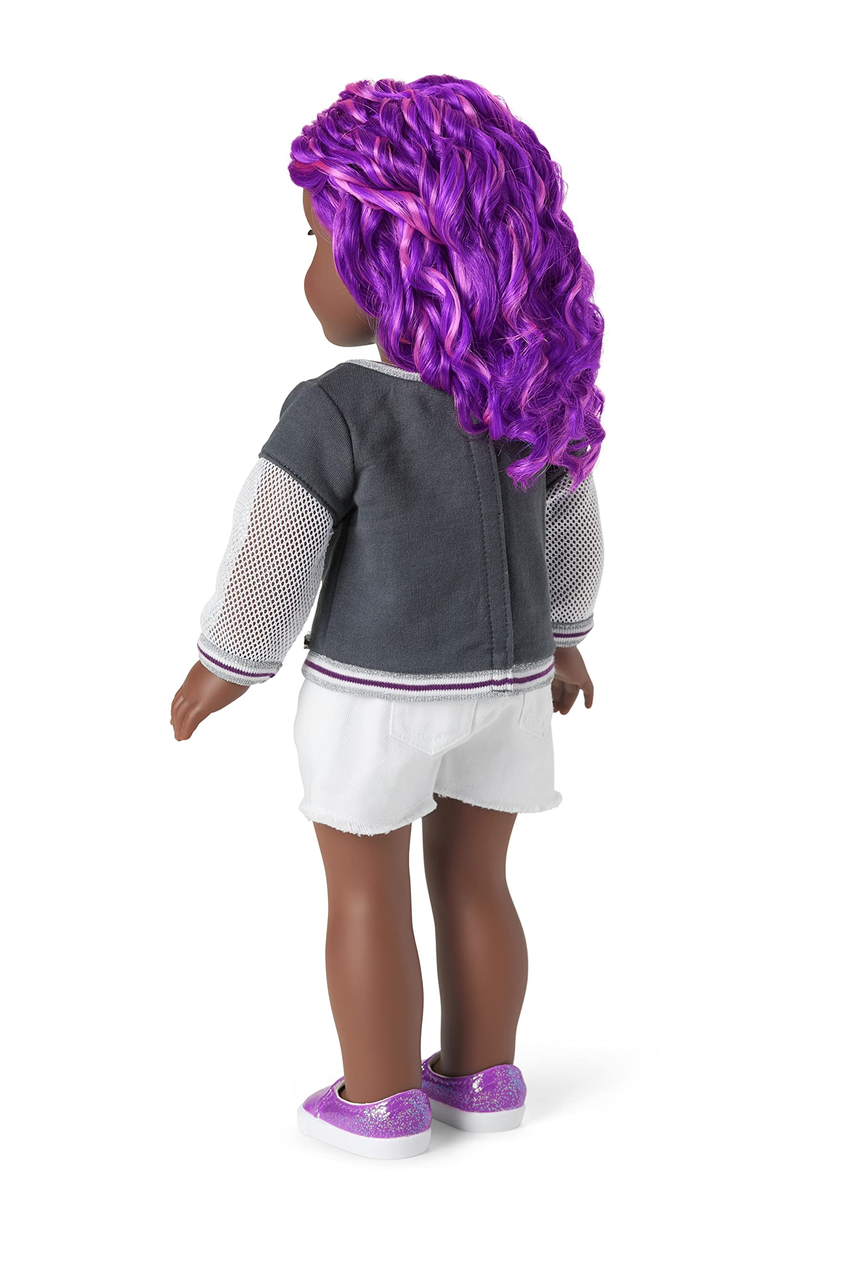 American Girl Truly Me 18-inch Doll #91 with Gray Eyes, Curly Purple Hair, and Very Deep Skin with Neutral Undertones in Girly Graffiti Outfit