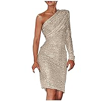 Women's Sequin One Shoulder Ruched Long Sleeve Wrap Bodycon Mini Cocktail Dress Glitter Sparkle Party Dresses Clubwear