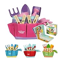 Pink Kids Gardening Tools - Includes Sturdy Tote Bag, Watering Can, Gloves, Shovels, Garden Stakes, and a Delightful Children's Book How to Garden Tale - Kids Garden Tool Set for Toddler Age on up.