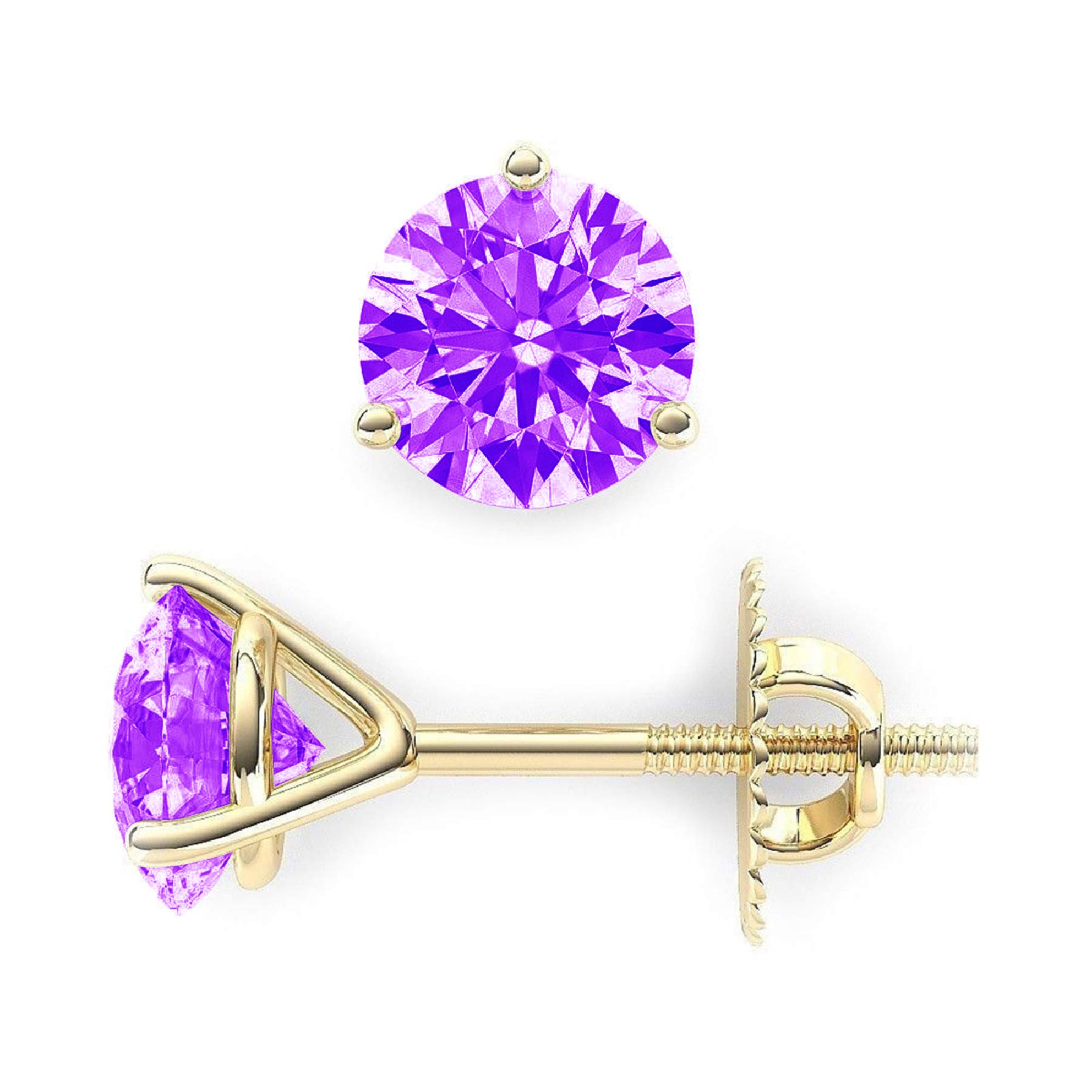 3.9ct Round Cut Solitaire Natural Purple Amethyst gemstone Unisex Designer 3 prong Stud Martini Earrings Solid 14k Yellow Gold Screw Back conflict free Jewelry