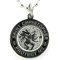 St. Christopher Surf Medal Necklace Pendant, Protector of Travel sv/bk Silver/Black Small