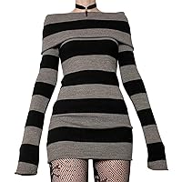 Women Sexy Long Sleeve Bodycon Striped Mini Dress Off Shoulder Slash Neck Knitted Wrapped Short Sweater Dress