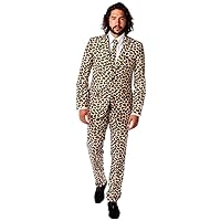 Men's Leopard Grain Two Pieces Suit Notch Lapel Single Breasted Button Tuxedos for Party Casual Cosplay