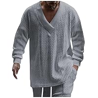 Mens V Neck Sweater Casual Loose Fit Long Sleeve Pullover Cable Knit Sweater Tops Knitwear