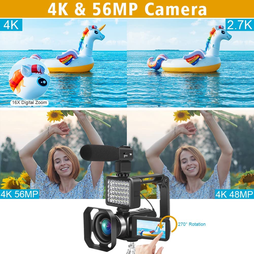 Video Camera Camcorder 4K 56MP Vlogging Camera with IR Night Vision 16X Digital Zoom, Microphone 2.4G Remote Control