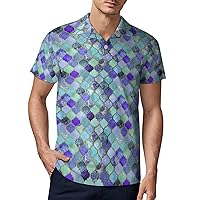 Cobalt Blue Moroccan Tile Pattern Men's Polo Shirt Short Sleeve Sport Shirts Casual Golf T-Shirt for Work Fishing S