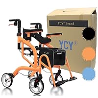 Walker Wheelchair Combo, Rollator Walkers for Seniors with Seat, Rolling Walker Transport Wheelchair Lightweight Foldable, Mobility Aids (Black)