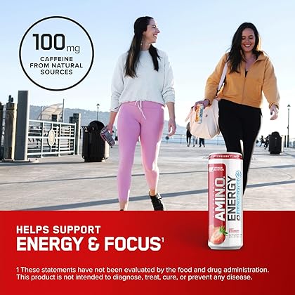 Optimum Nutrition Amino Energy Drink + Electrolytes for Hydration - Sugar Free, Amino Acids, BCAA, Keto Friendly, Sparkling Drink - Juicy Strawberry, Pack of 12 (Packaging May Vary)