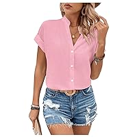 Floerns Women's Button Front Notch V Neck Solid Flare Short Sleeve Blouse Top