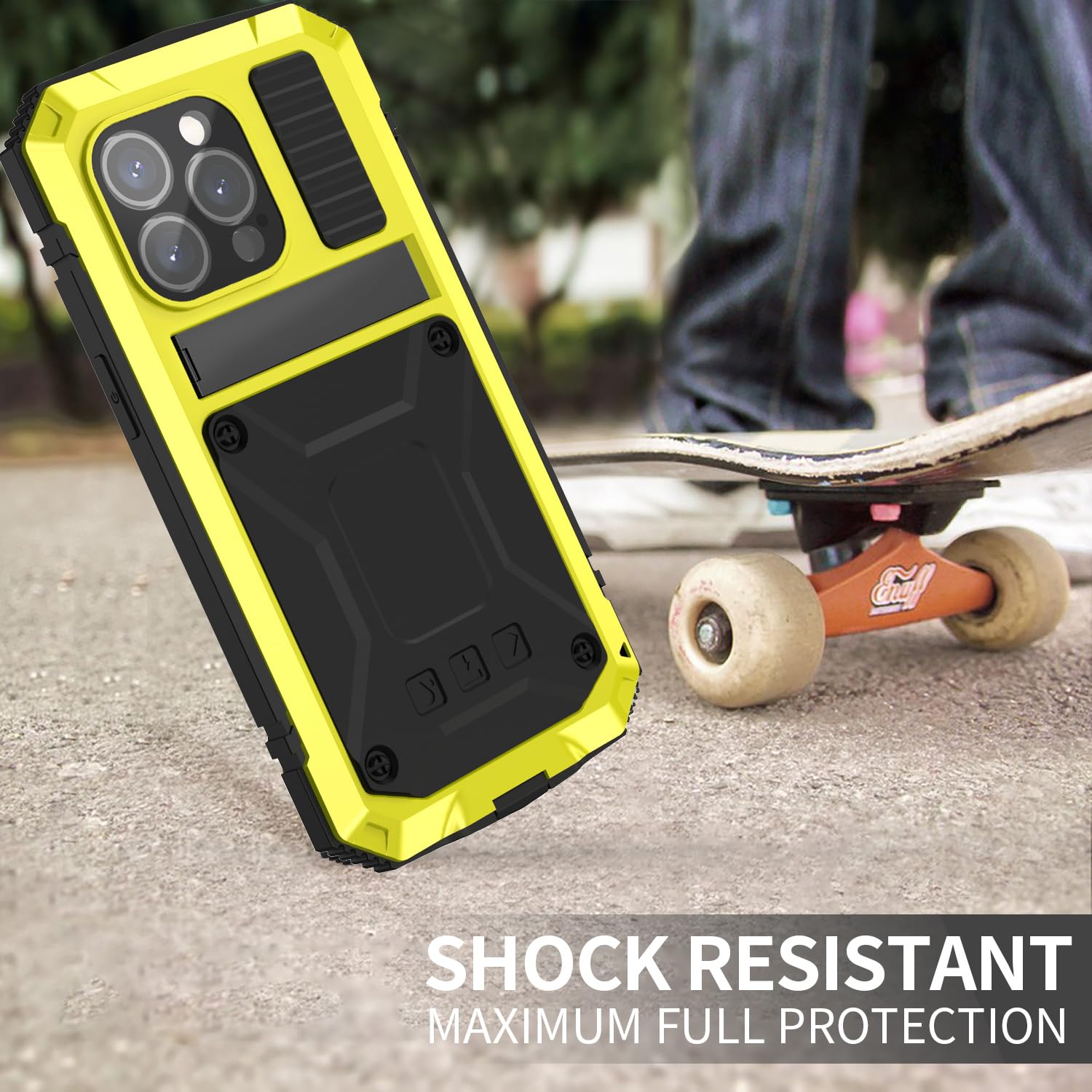 Simicoo Compatible with iPhone 15 Pro Max Metal Case with Screen Protector Camera Protector Military Rugged Heavy Duty Shockproof Case with Metal Kickstand Full Body Tough Dustproof Case (Yellow)