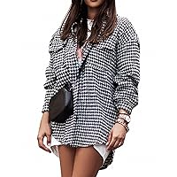 Flygo Women's Houndstooth Flannel Shirt Casual Long Sleeve Button Down Shacket Jacket
