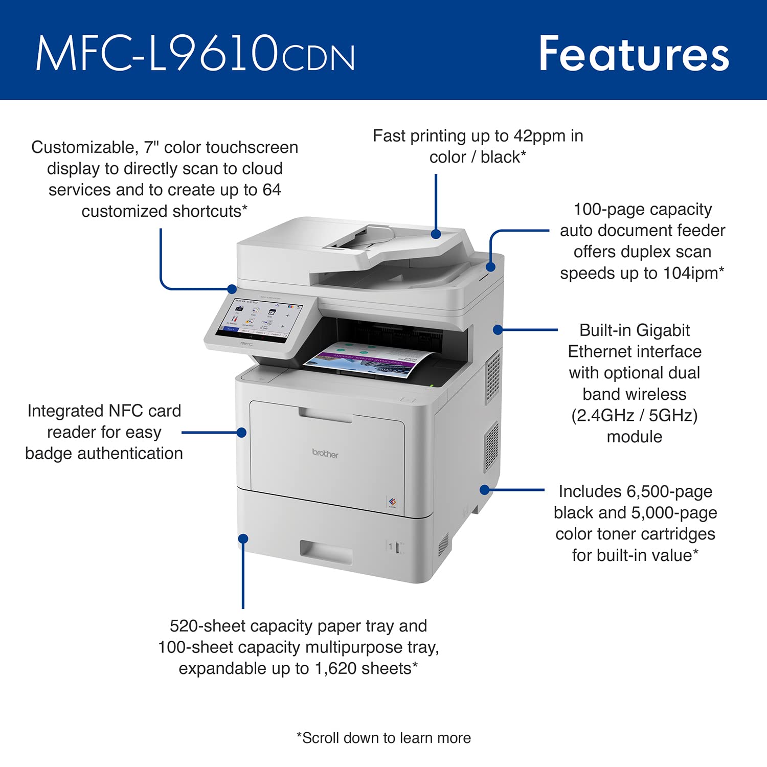 Brother MFC‐L9610CDN Enterprise Color Laser All‐in‐One Printer with Fast Printing, Large Paper Capacity, and Advanced Security Features