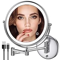 Rechargeable Wall Mounted Lighted Makeup Mirror Chrome, 8 Inch Double-Sided LED Vanity Mirror 1X/10X Magnification,3 Color Lights Touch Screen Dimmable 360°Swivel 13 Inch Extendable