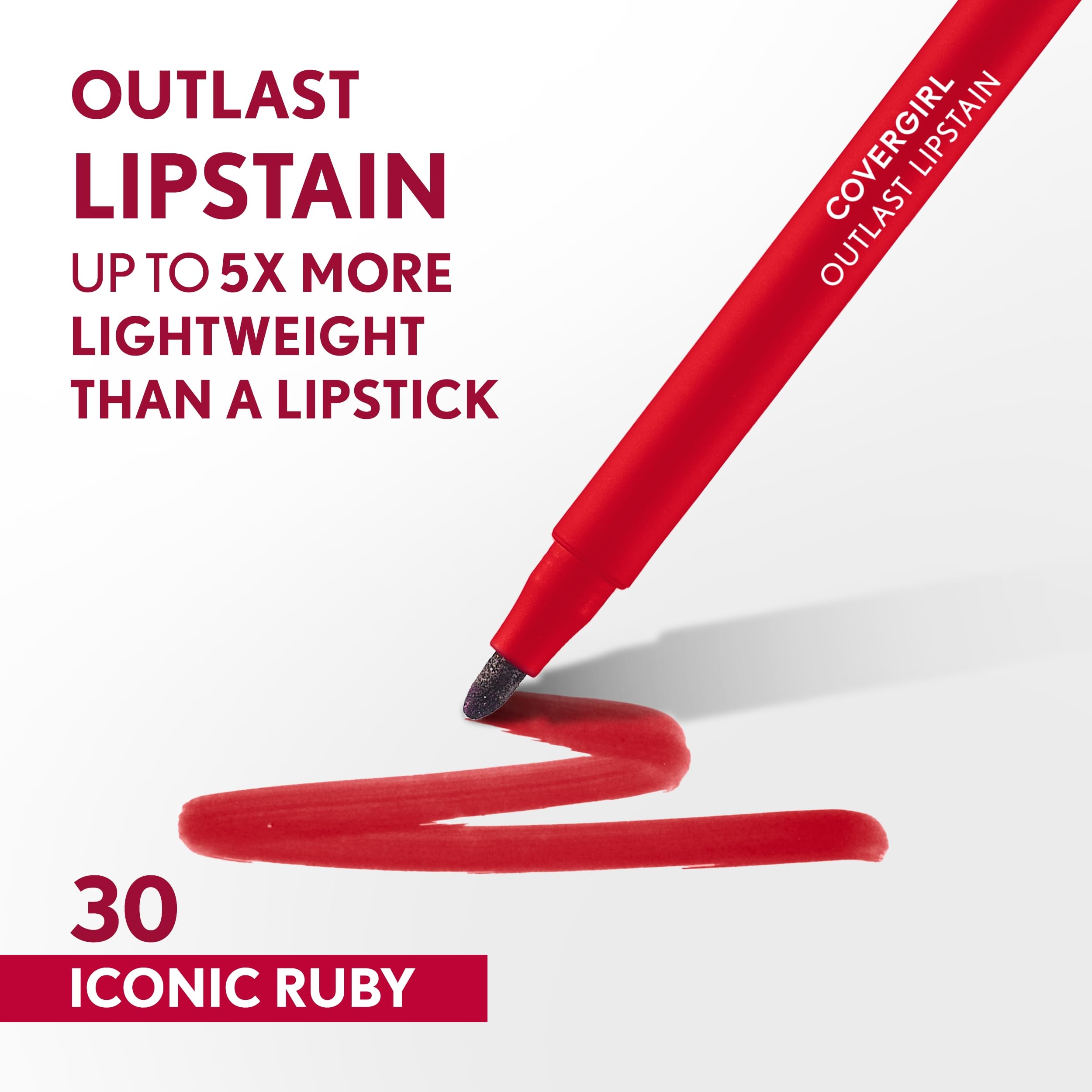 Covergirl Outlast, 30 Iconic Ruby, Lipstain, Smooth Application, Precise Pen-Like Tip, Transfer-Proof, Satin Stained Finish, Vegan Formula, 0.06oz