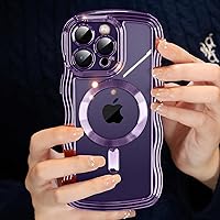 JUESHITUO for iPhone 14 Pro Max Case with Stylish Wave Frame Shape Design [Compatible with MagSafe] [Integrated Lens Cover] Metallic Shiny Glossy Bumper Case for iPhone 14 ProMax Women Girl, Purple