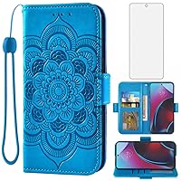 Asuwish Compatible with Moto G Stylus 2022 4G Wallet Case and Tempered Glass Screen Protector Flip Card Holder Flower Folio Purse Cell Phone Cover for Motorola GStylus XT2211DL XT2211 Women Men Blue