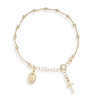 18K Gold Over Sterling Silver Italian Rosary Cross Bead Charm Link Chain Bracelet for Women Teen Girls, Adjustable, 925 Made in Italy