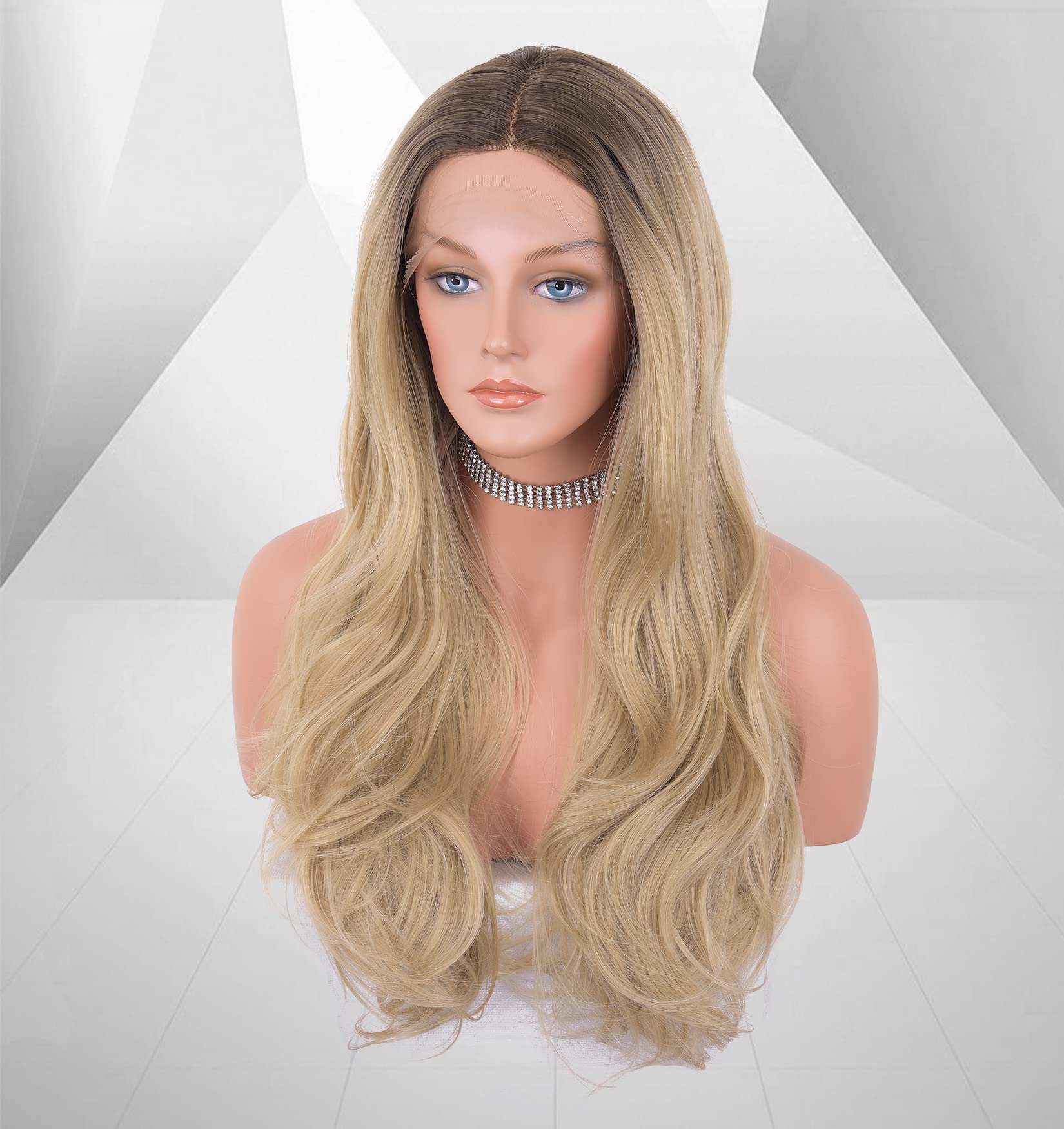 EALGA Blonde Wig,Ombre Brown Light Blonde Lace Front Wig for Women Best Synthetic Hair Wavy Honey Blonde Wigs with Flawless Hairline 22 inches Heat Safe EALGA-001