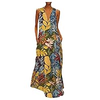 Women's Bohemian Beach Print Sleeveless Long Swing V-Neck Trendy Glamorous Dress Flowy Casual Loose-Fitting Summer