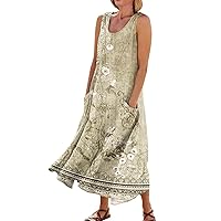 Plus Linen Clothing Floral Dress for Women 2024 Summer Bohemian Print Casual Loose Fit with Sleeveless U Neck Linen Dresses Light Brown 3X-Large